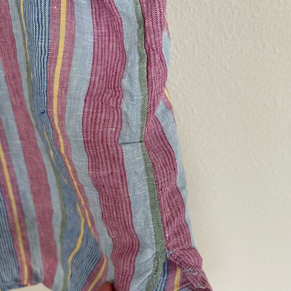 FRAME Striped Linen Button Down Short Sleeve Shirt (M) Pink Blue - Picture 6 of 6